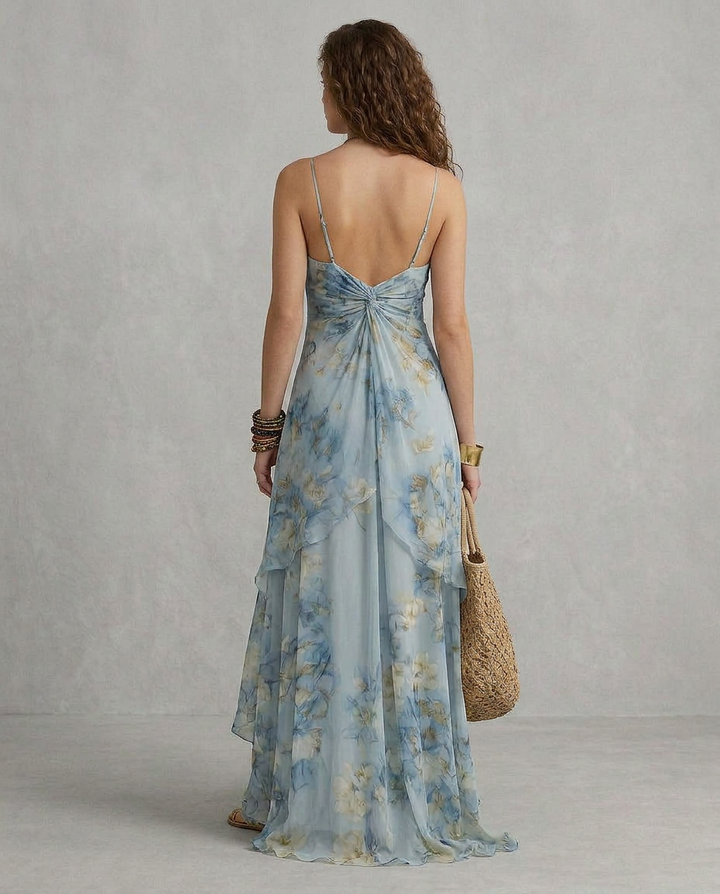 ELISA | Robe Maxi Slip Fleurie Azzurro