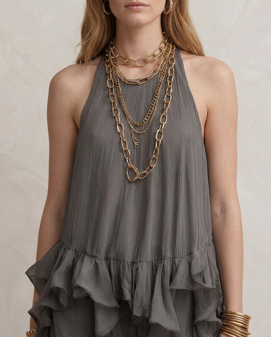 SERENA | Maxi Robe Grise avec Volants