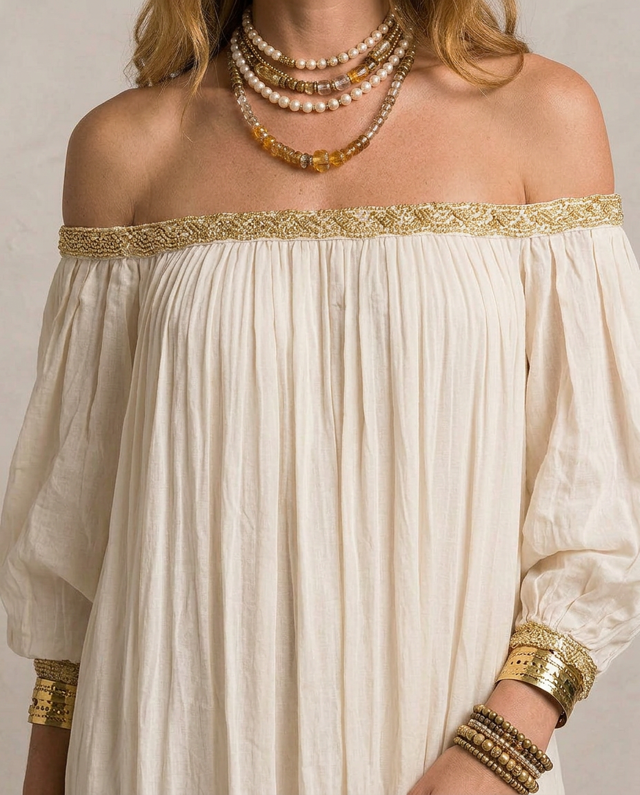 ISABELLA | Maxi Robe Boho Plissée Ivoire