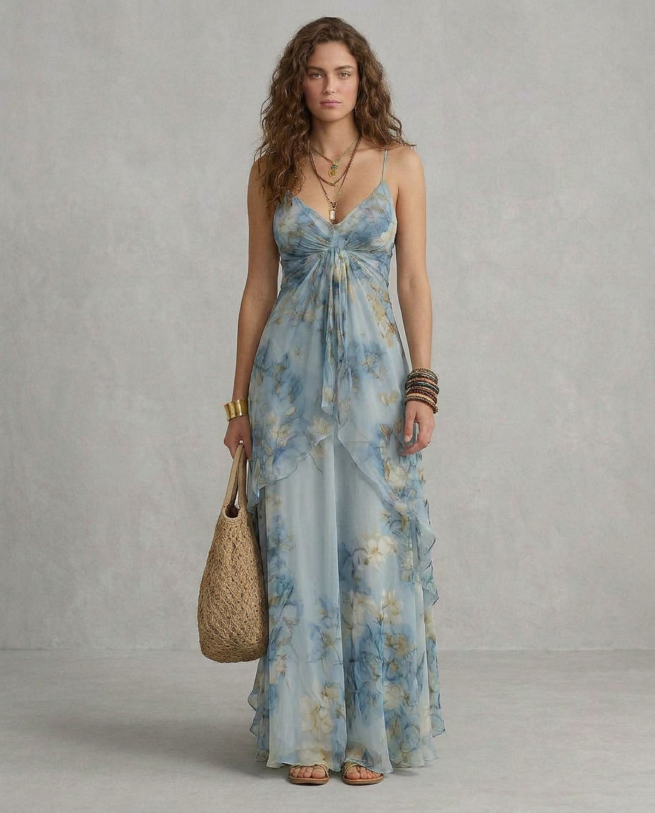 ELISA | Robe Maxi Slip Fleurie Azzurro