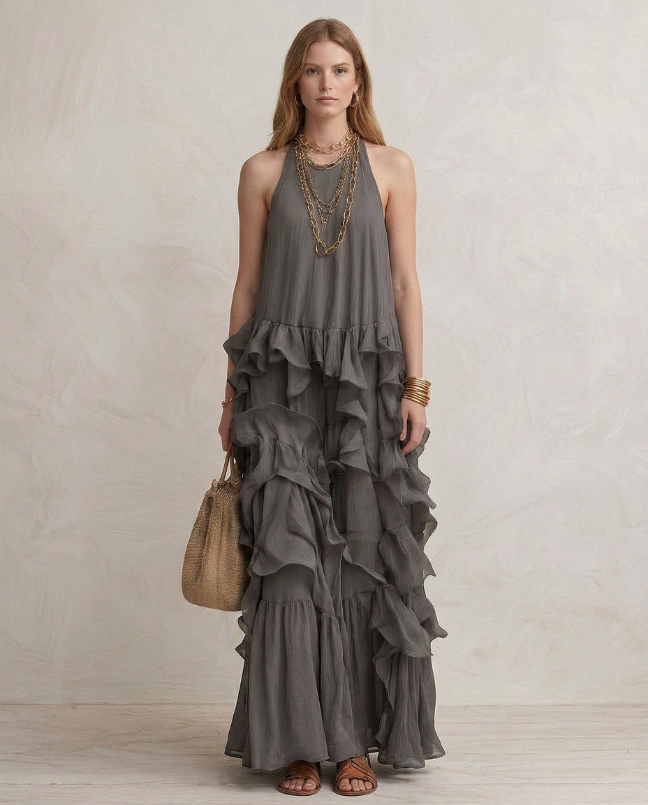 SERENA | Maxi Robe Grise avec Volants