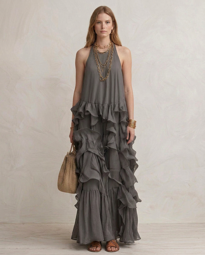 SERENA | Maxi Robe Grise avec Volants