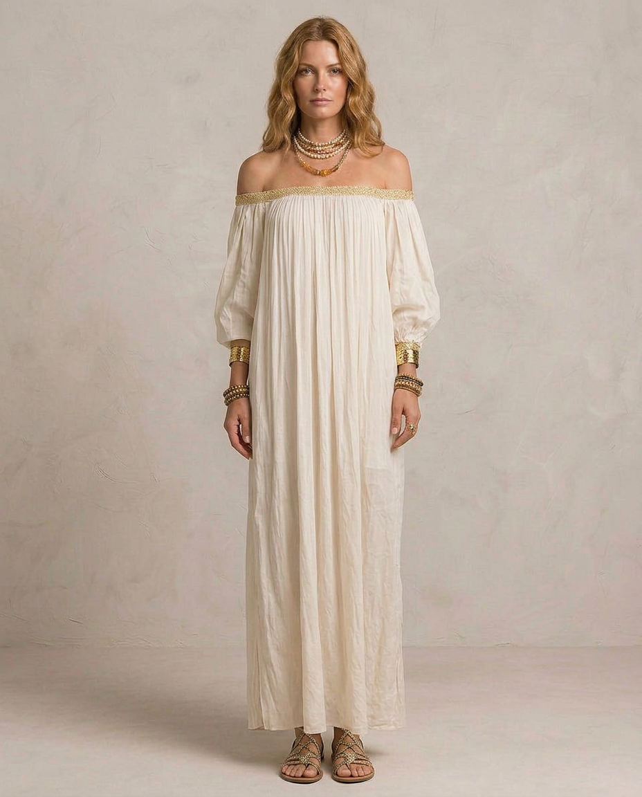 ISABELLA | Maxi Robe Boho Plissée Ivoire