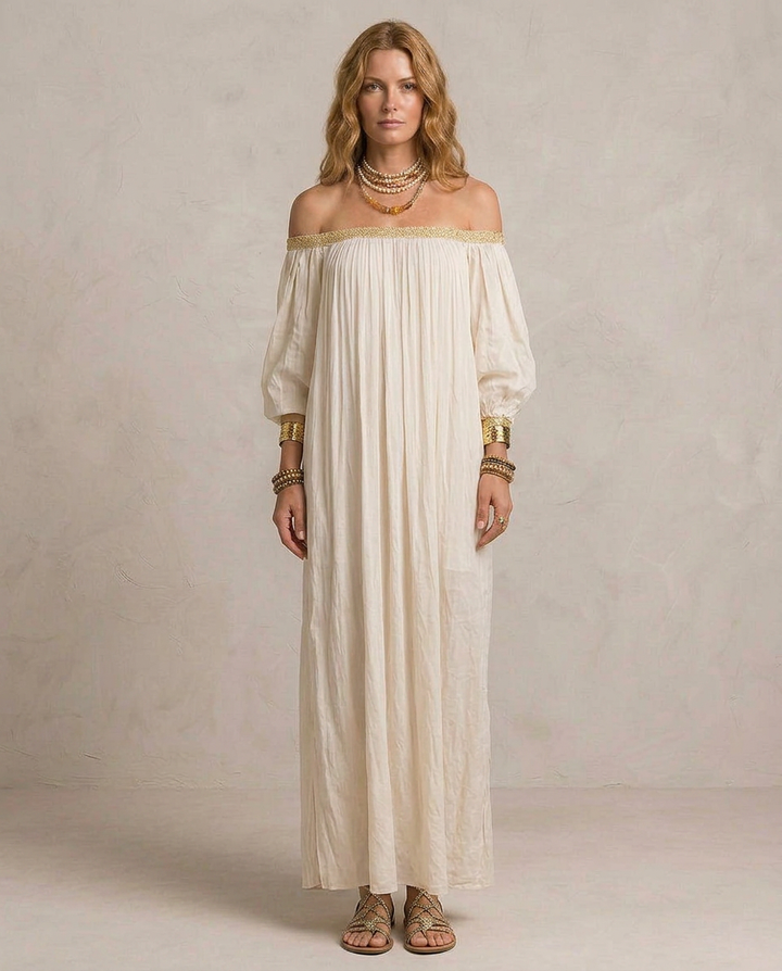 ISABELLA | Maxi Robe Boho Plissée Ivoire