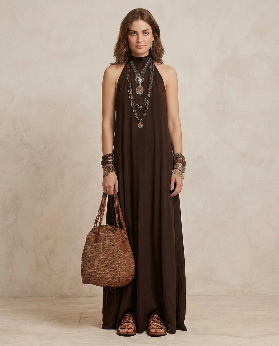 CAMILLA | Maxi Robe Halter Brun Foncé