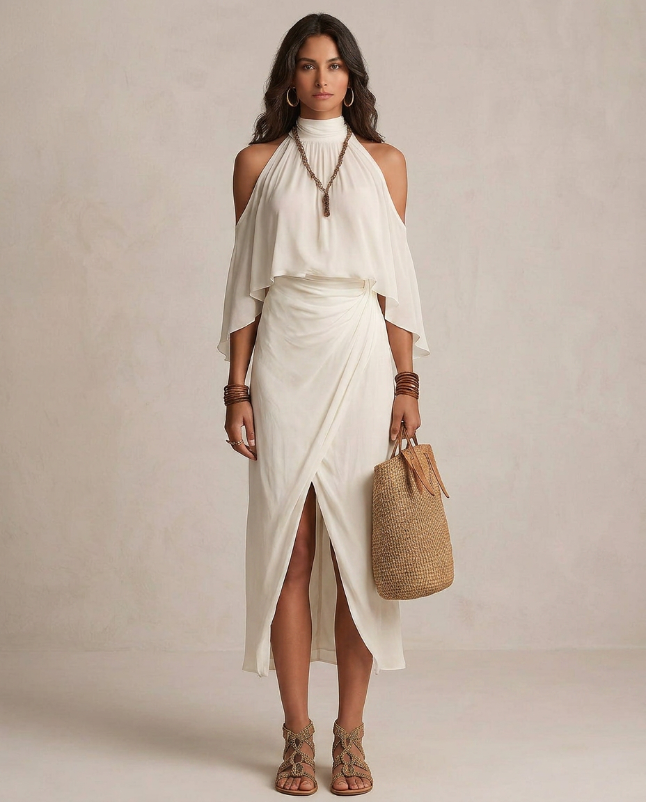 VALENTINA | Robe Midi Halter Ivoire Drapée