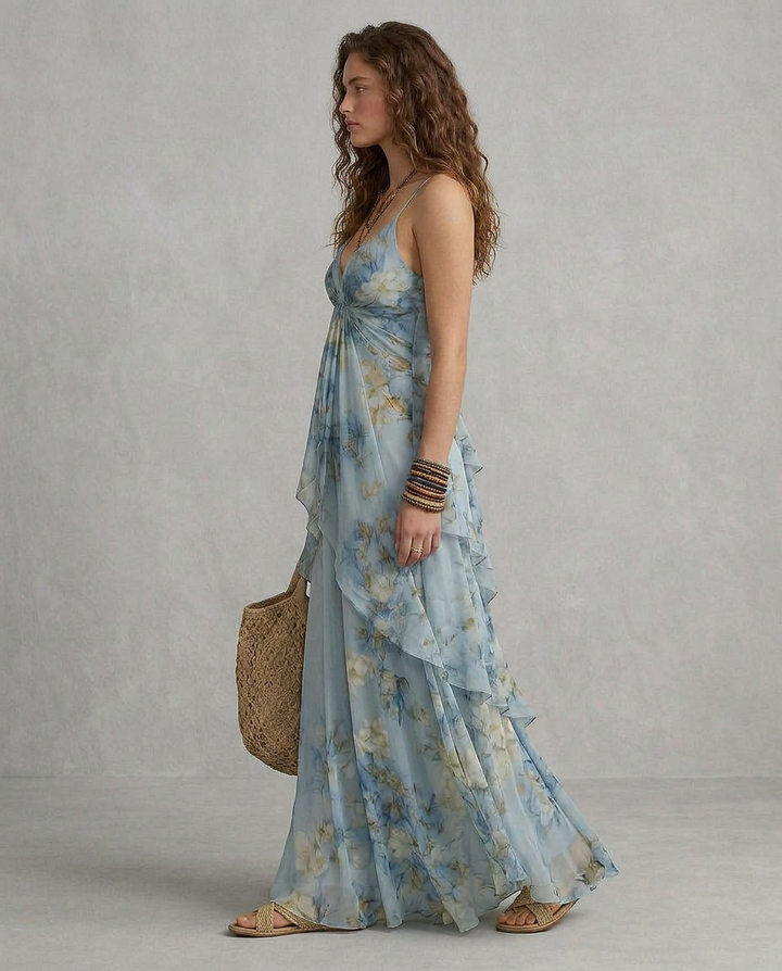 ELISA | Robe Maxi Slip Fleurie Azzurro