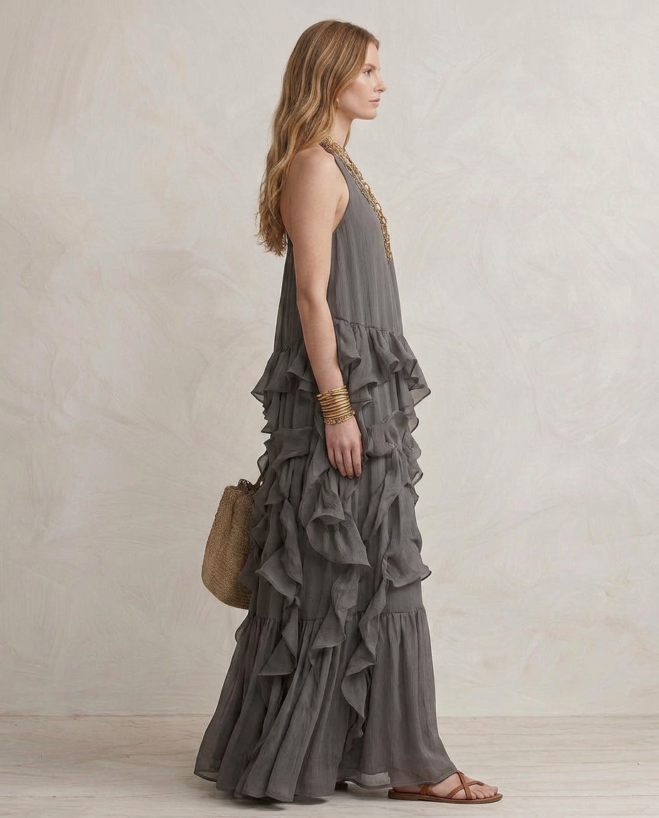 SERENA | Maxi Robe Grise avec Volants