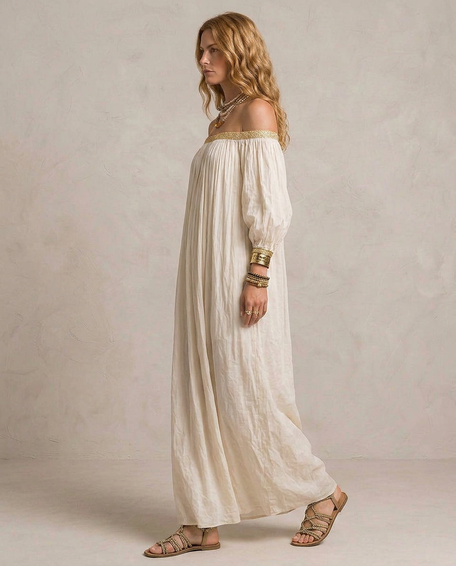 ISABELLA | Maxi Robe Boho Plissée Ivoire
