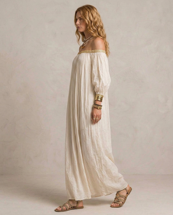 ISABELLA | Maxi Robe Boho Plissée Ivoire