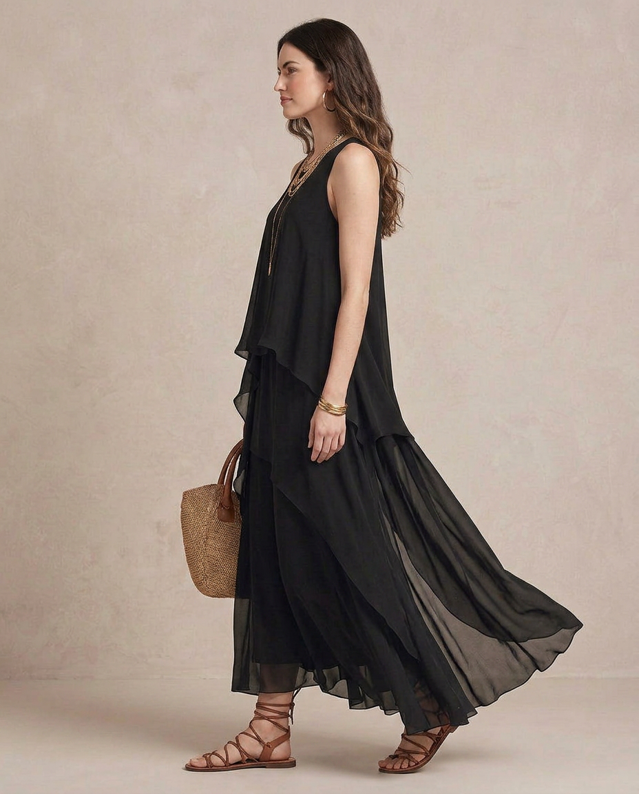 NOEMI | Maxi Robe Boho en Chiffon Noir