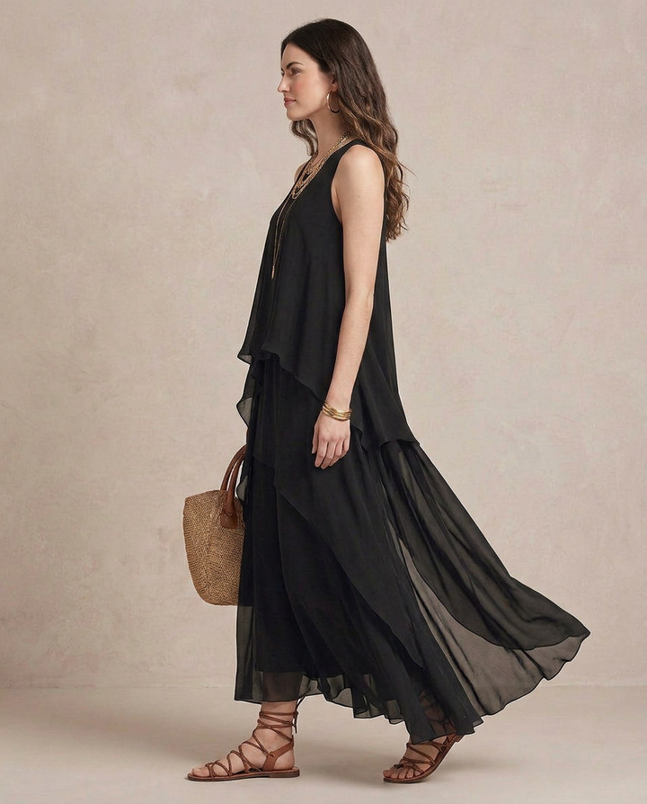 NOEMI | Maxi Robe Boho en Chiffon Noir