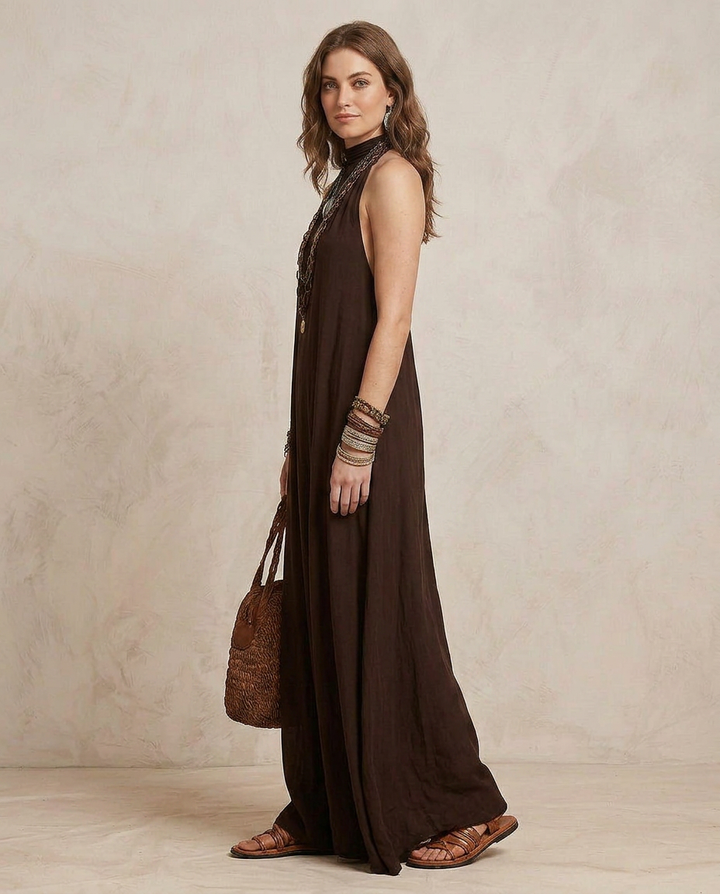 CAMILLA | Maxi Robe Halter Brun Foncé