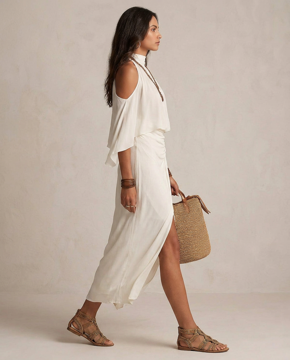 VALENTINA | Robe Midi Halter Ivoire Drapée