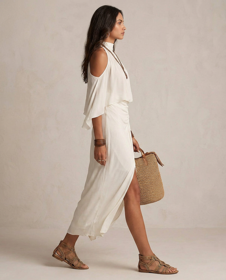 VALENTINA | Robe Midi Halter Ivoire Drapée