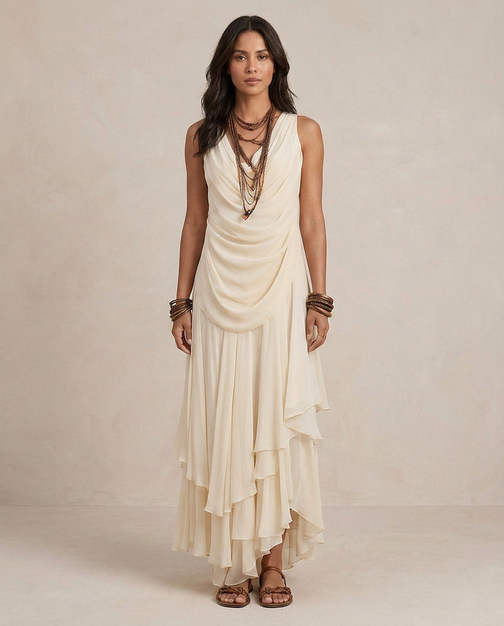 CLARA | Robe Maxi à Volants Crème