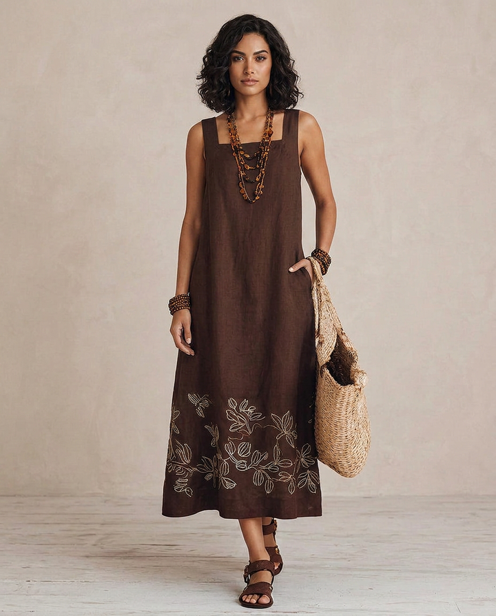 NOEMI | Robe Midi en Lin Bohème Brodée