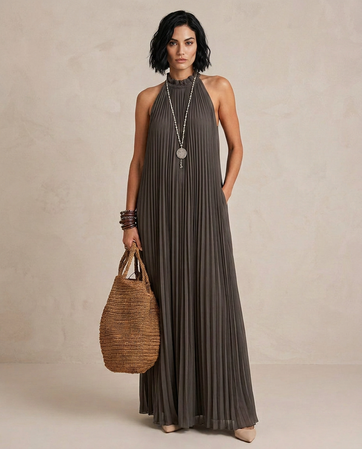 LIRA | Maxi Robe Halter Plissée Grise