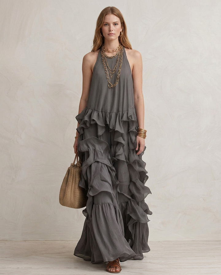 SERENA | Maxi Robe Grise avec Volants