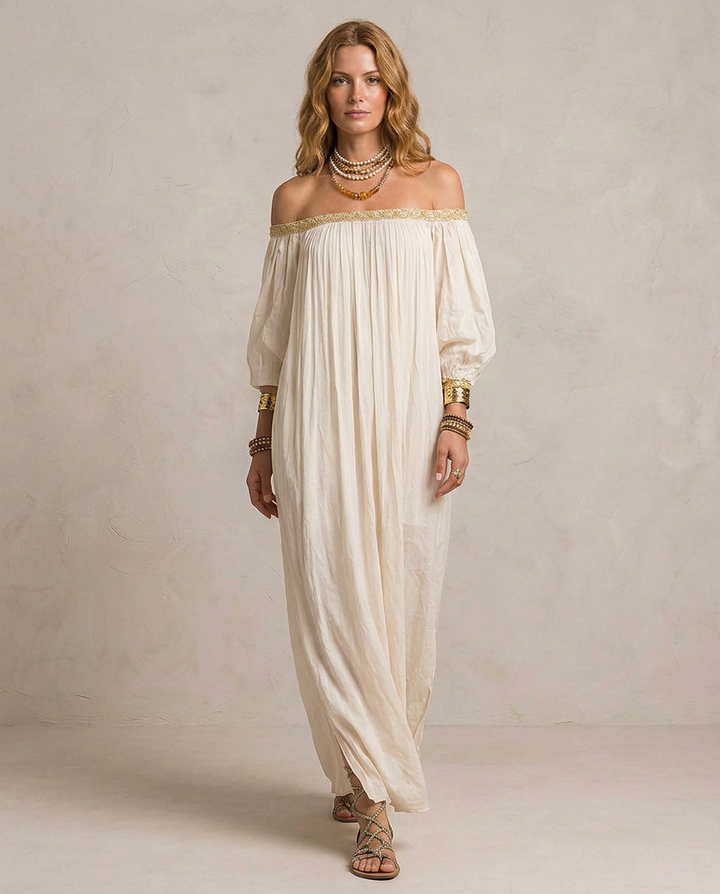 ISABELLA | Maxi Robe Boho Plissée Ivoire