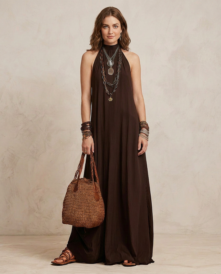 CAMILLA | Maxi Robe Halter Brun Foncé