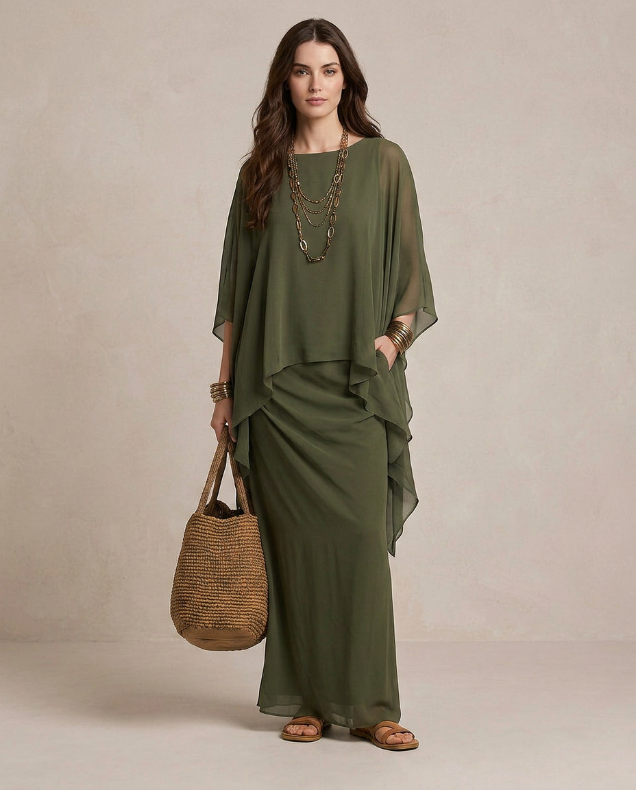 LIA | Maxi Robe Superposée Vert Olive