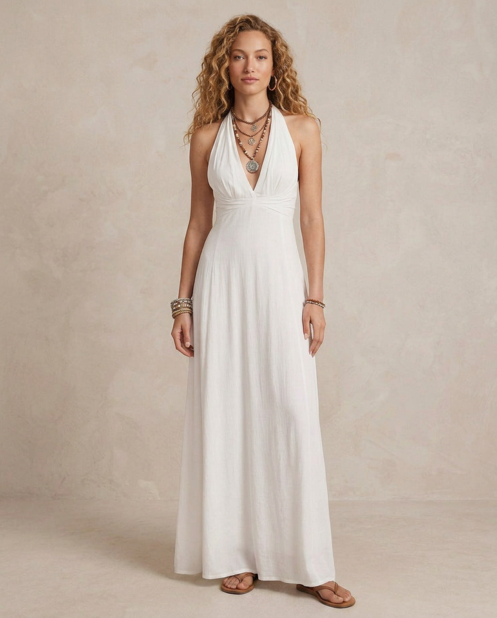 ELORA | Robe Maxi Halter Ivoire